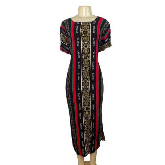 Elegant Heritage Print Maxi Dress With Short Sleeves & Bold Stripes - Picture 1 of 6